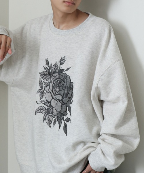 ハフ　刺繍ロゴ　人気デザイン　　スウェット 24AW】フロント 薔薇 刺繍スウェット / フロント 花刺繍デザイン