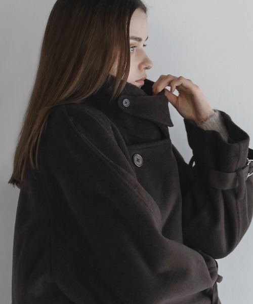 SOCCE オーバーサイズ2way ハイネックメルトンロングコート M ブラック ウールミックスオーバーサイズ2wayハイネックメルトンロング