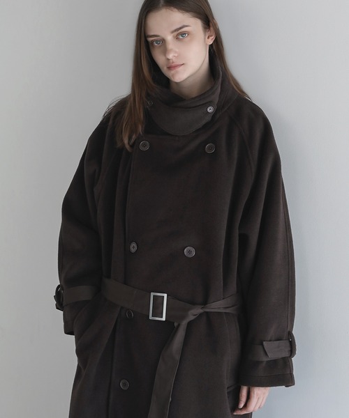 SOCCE 2way ハイネックメルトンロングコート M ブラック ウールミックスオーバーサイズ2wayハイネックメルトンロングコート