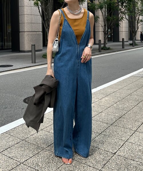 細紐デニムフロントジップサロペット（つなぎ/オールインワン