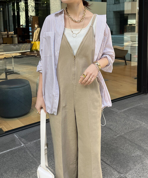 セール】細紐デニムフロントジップサロペット（つなぎ/オールインワン