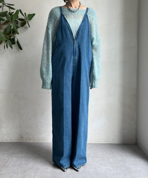 DouDou 細紐デニムフロントジップサロペット 細紐デニムフロントジップサロペット（つなぎ/オールインワン