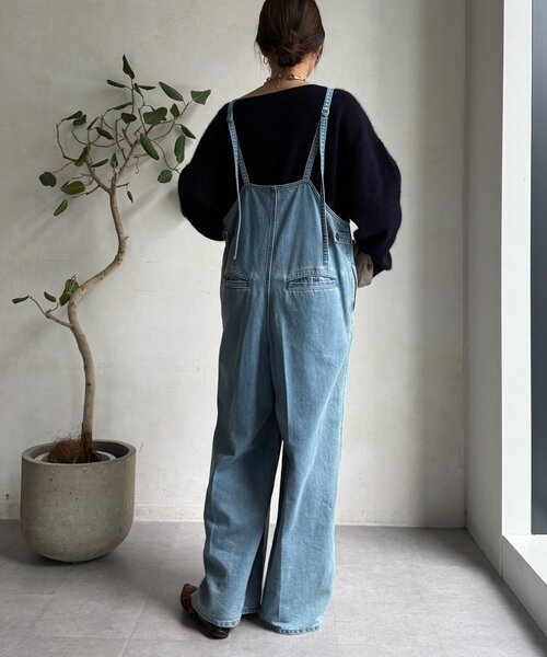 細紐デニムフロントジップサロペット（つなぎ/オールインワン