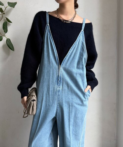 細紐デニムフロントジップサロペット（つなぎ/オールインワン