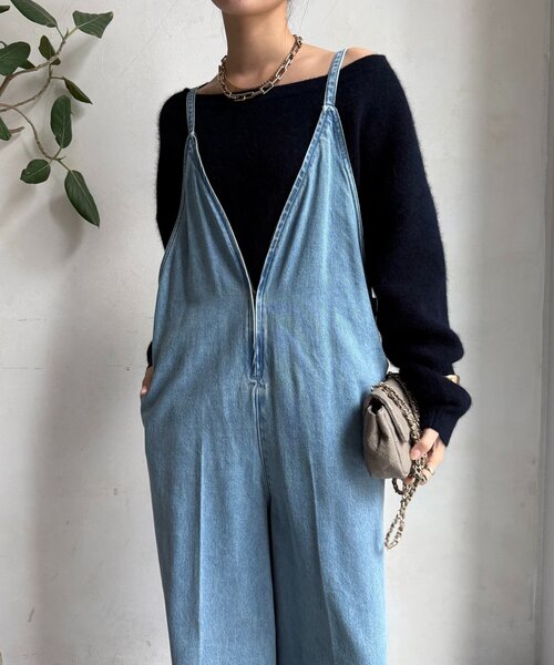 DouDou フロントジップサロペット 細紐デニムフロントジップサロペット（つなぎ/オールインワン