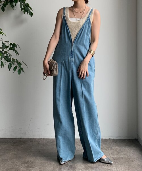 セール】細紐デニムフロントジップサロペット（つなぎ/オールインワン