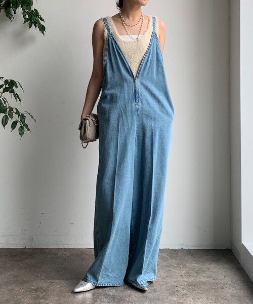 DouDou 細紐デニムフロントジップサロペット 細紐デニムフロントジップサロペット（つなぎ/オールインワン