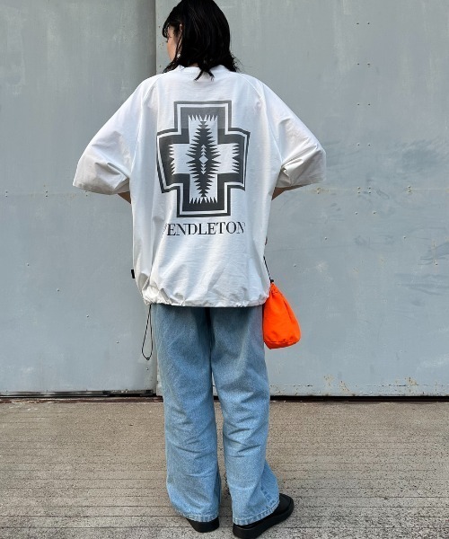 【  Jeans】縦型バックプリントTシャツ ブルー PENDLETON/ペンドルトン] 別注 ドローコード付き ネイティブ柄