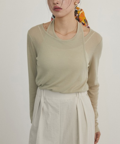 hunch(ハンチ)の「【WEB限定/別注】ランダムリブ レイヤード シアートップス(Tシャツ/カットソー・レディース・ネイビー/ライトカーキ/ブラック/杢グレー・FREE)」の3枚目の写真