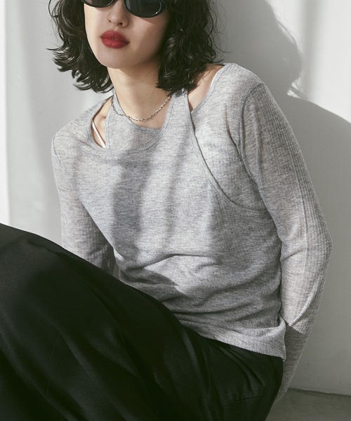 hunch(ハンチ)の「【WEB限定/別注】ランダムリブ レイヤード シアートップス(Tシャツ/カットソー・レディース・ネイビー/ライトカーキ/ブラック/杢グレー・FREE)」の2枚目の写真