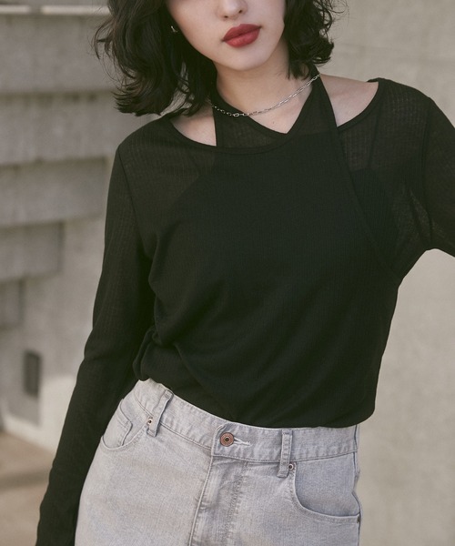 hunch(ハンチ)の「【WEB限定/別注】ランダムリブ レイヤード シアートップス(Tシャツ/カットソー・レディース・ネイビー/ライトカーキ/ブラック/杢グレー・FREE)」の1枚目の写真