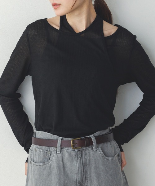 hunch(ハンチ)の「【WEB限定/別注】ランダムリブ レイヤード シアートップス(Tシャツ/カットソー・レディース・ネイビー/ライトカーキ/ブラック/杢グレー・FREE)」の17枚目の写真