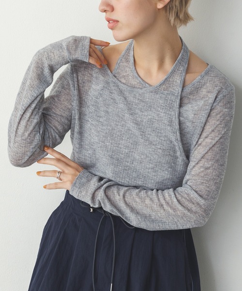 hunch(ハンチ)の「【WEB限定/別注】ランダムリブ レイヤード シアートップス(Tシャツ/カットソー・レディース・ネイビー/ライトカーキ/ブラック/杢グレー・FREE)」の22枚目の写真