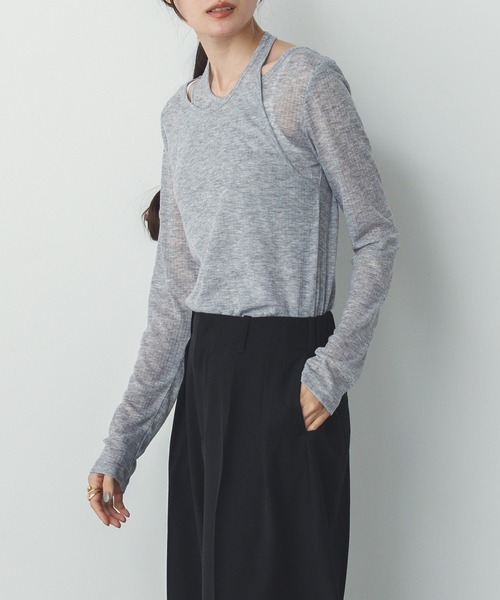 hunch(ハンチ)の「【WEB限定/別注】ランダムリブ レイヤード シアートップス(Tシャツ/カットソー・レディース・ネイビー/ライトカーキ/ブラック/杢グレー・FREE)」の19枚目の写真