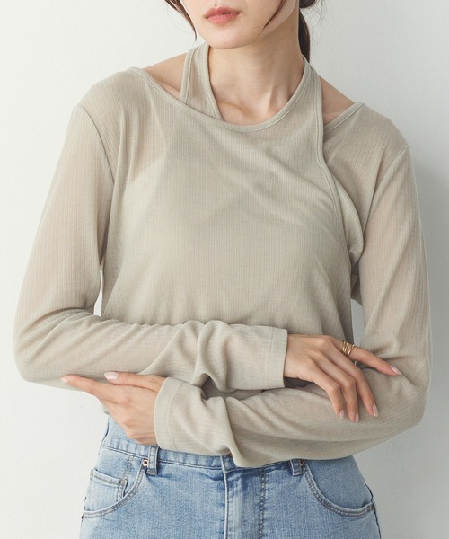 hunch(ハンチ)の「【WEB限定/別注】ランダムリブ レイヤード シアートップス(Tシャツ/カットソー・レディース・ネイビー/ライトカーキ/ブラック/杢グレー・FREE)」の12枚目の写真