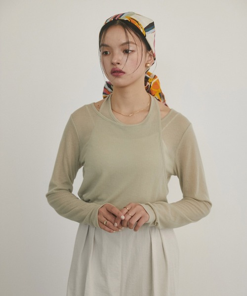 hunch(ハンチ)の「【WEB限定/別注】ランダムリブ レイヤード シアートップス(Tシャツ/カットソー・レディース・ネイビー/ライトカーキ/ブラック/杢グレー・FREE)」の5枚目の写真