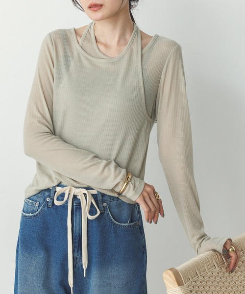 hunch(ハンチ)の「【WEB限定/別注】ランダムリブ レイヤード シアートップス(Tシャツ/カットソー・レディース・ネイビー/ライトカーキ/ブラック/杢グレー・FREE)」の8枚目の写真