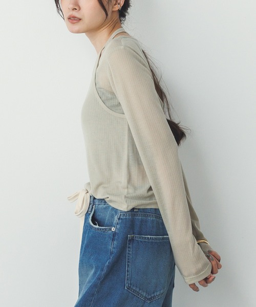 hunch(ハンチ)の「【WEB限定/別注】ランダムリブ レイヤード シアートップス(Tシャツ/カットソー・レディース・ネイビー/ライトカーキ/ブラック/杢グレー・FREE)」の9枚目の写真