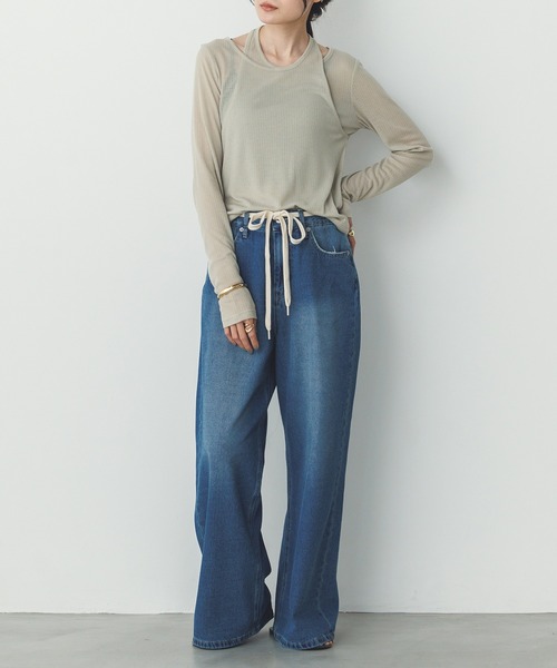 hunch(ハンチ)の「【WEB限定/別注】ランダムリブ レイヤード シアートップス(Tシャツ/カットソー・レディース・ネイビー/ライトカーキ/ブラック/杢グレー・FREE)」の11枚目の写真