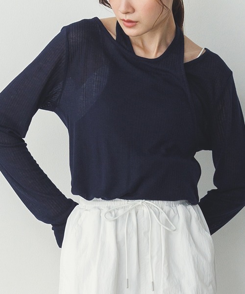 hunch(ハンチ)の「【WEB限定/別注】ランダムリブ レイヤード シアートップス(Tシャツ/カットソー・レディース・ネイビー/ライトカーキ/ブラック/杢グレー・FREE)」の16枚目の写真