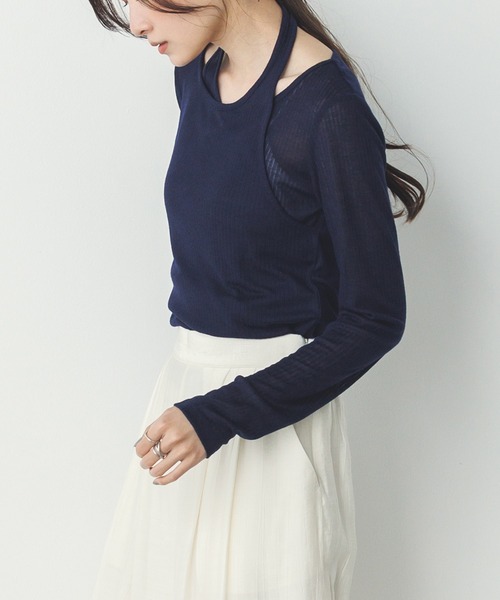 hunch(ハンチ)の「【WEB限定/別注】ランダムリブ レイヤード シアートップス(Tシャツ/カットソー・レディース・ネイビー/ライトカーキ/ブラック/杢グレー・FREE)」の13枚目の写真