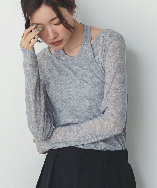 hunch(ハンチ)の「【WEB限定/別注】ランダムリブ レイヤード シアートップス(Tシャツ/カットソー・レディース・ネイビー/ライトカーキ/ブラック/杢グレー・FREE)」の18枚目の写真