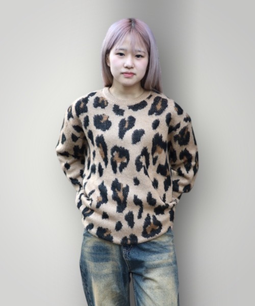 【セール】≪2サイズ展開/UNISEX≫モヘアライク 総柄 クルーニット（ニット/セーター）｜ATMARK（アットマーク）