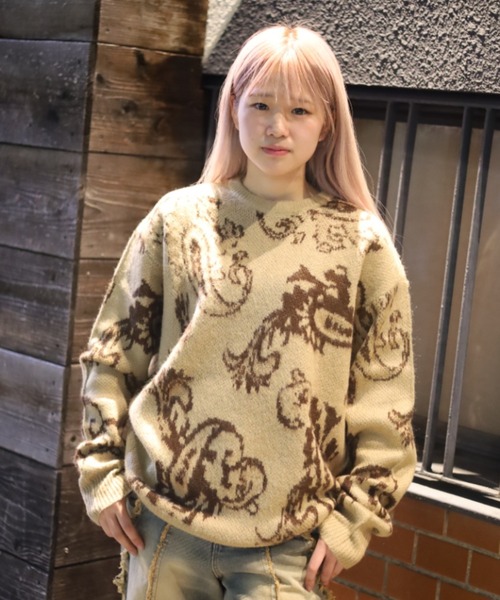 ≪2サイズ展開/UNISEX≫モヘアライク　総柄　クルーニット