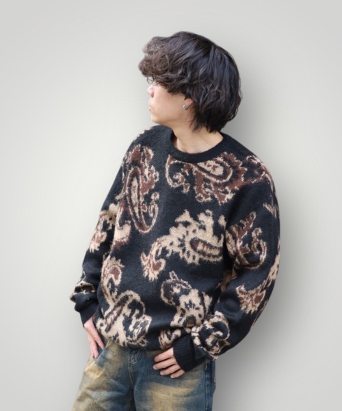 【セール】≪2サイズ展開/UNISEX≫モヘアライク 総柄 クルーニット（ニット/セーター）｜ATMARK（アットマーク）