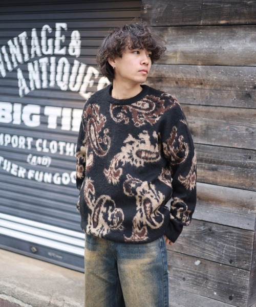 【セール】≪2サイズ展開/UNISEX≫モヘアライク 総柄 クルーニット（ニット/セーター）｜ATMARK（アットマーク）