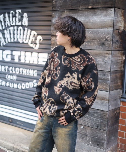 【セール】≪2サイズ展開/UNISEX≫モヘアライク 総柄 クルーニット（ニット/セーター）｜ATMARK（アットマーク）