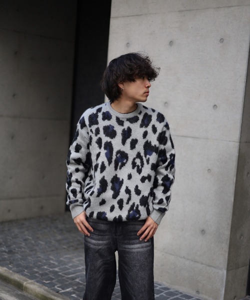 【セール】≪2サイズ展開/UNISEX≫モヘアライク 総柄 クルーニット（ニット/セーター）｜ATMARK（アットマーク）