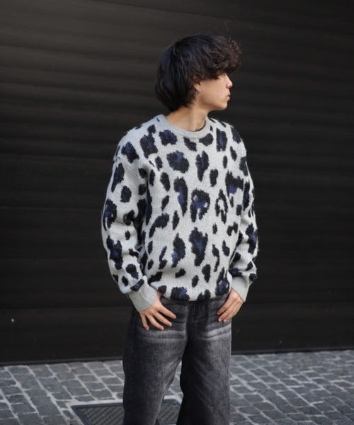 【セール】≪2サイズ展開/UNISEX≫モヘアライク 総柄 クルーニット（ニット/セーター）｜ATMARK（アットマーク）