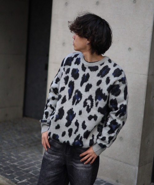 【セール】≪2サイズ展開/UNISEX≫モヘアライク 総柄 クルーニット（ニット/セーター）｜ATMARK（アットマーク）