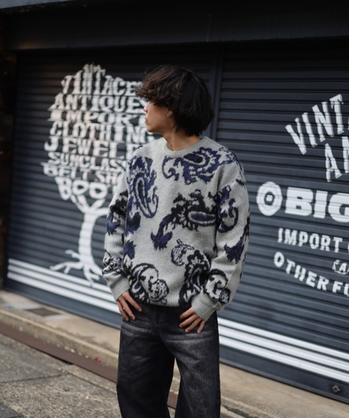 【セール】≪2サイズ展開/UNISEX≫モヘアライク 総柄 クルーニット（ニット/セーター）｜ATMARK（アットマーク）