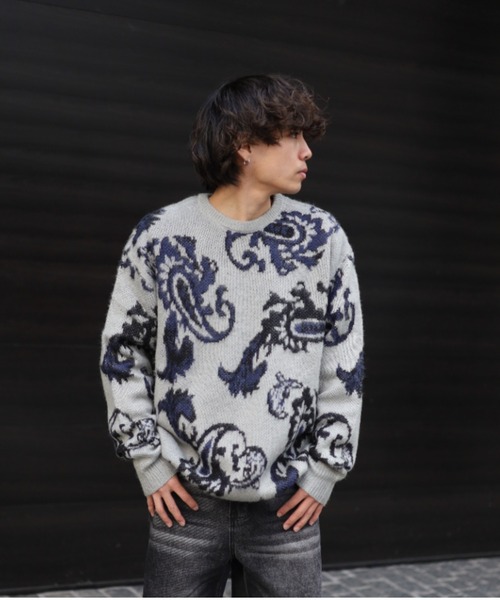 【セール】≪2サイズ展開/UNISEX≫モヘアライク 総柄 クルーニット（ニット/セーター）｜ATMARK（アットマーク）