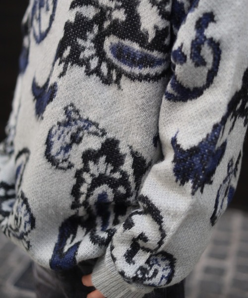 【セール】≪2サイズ展開/UNISEX≫モヘアライク 総柄 クルーニット（ニット/セーター）｜ATMARK（アットマーク）