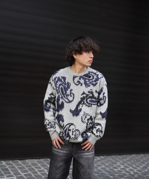 【セール】≪2サイズ展開/UNISEX≫モヘアライク 総柄 クルーニット（ニット/セーター）｜ATMARK（アットマーク）