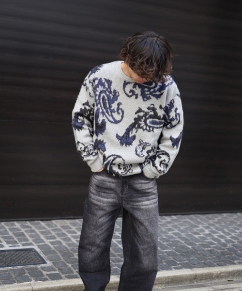 【セール】≪2サイズ展開/UNISEX≫モヘアライク 総柄 クルーニット（ニット/セーター）｜ATMARK（アットマーク）