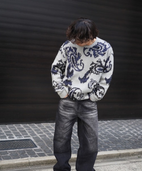 【セール】≪2サイズ展開/UNISEX≫モヘアライク 総柄 クルーニット（ニット/セーター）｜ATMARK（アットマーク）