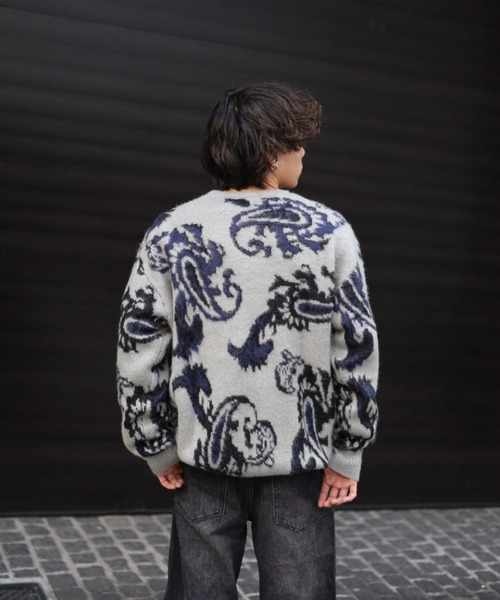 【セール】≪2サイズ展開/UNISEX≫モヘアライク 総柄 クルーニット（ニット/セーター）｜ATMARK（アットマーク）