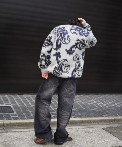 【セール】≪2サイズ展開/UNISEX≫モヘアライク 総柄 クルーニット（ニット/セーター）｜ATMARK（アットマーク）