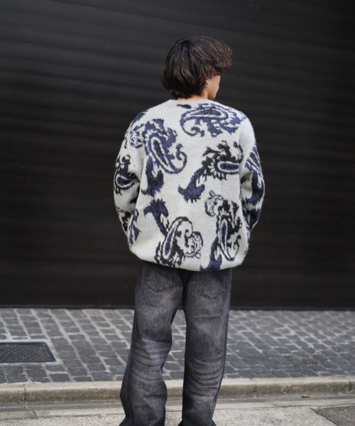 【セール】≪2サイズ展開/UNISEX≫モヘアライク 総柄 クルーニット（ニット/セーター）｜ATMARK（アットマーク）