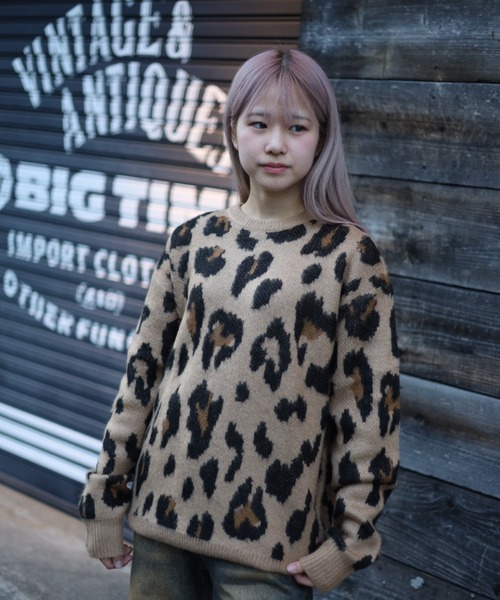 【セール】≪2サイズ展開/UNISEX≫モヘアライク 総柄 クルーニット（ニット/セーター）｜ATMARK（アットマーク）