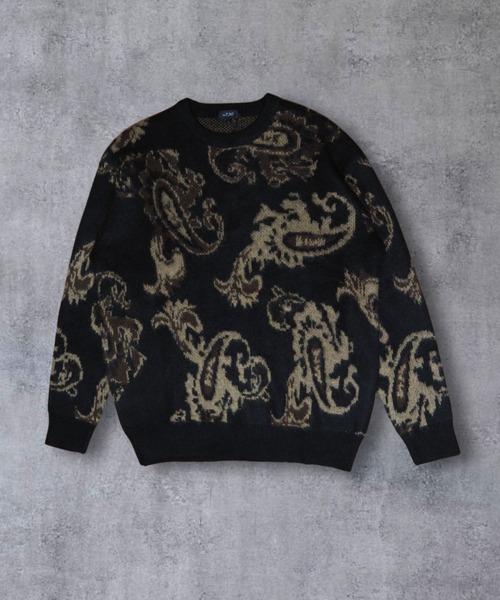 【セール】≪2サイズ展開/UNISEX≫モヘアライク 総柄 クルーニット（ニット/セーター）｜ATMARK（アットマーク）