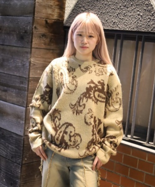 【セール】≪2サイズ展開/UNISEX≫モヘアライク 総柄 クルーニット（ニット/セーター）｜ATMARK（アットマーク）