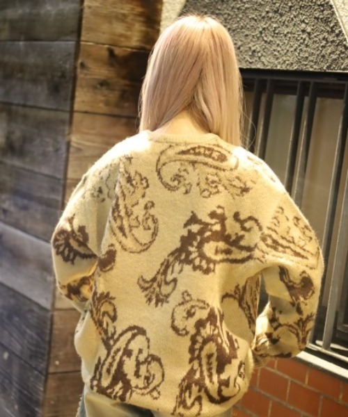 【セール】≪2サイズ展開/UNISEX≫モヘアライク 総柄 クルーニット（ニット/セーター）｜ATMARK（アットマーク）