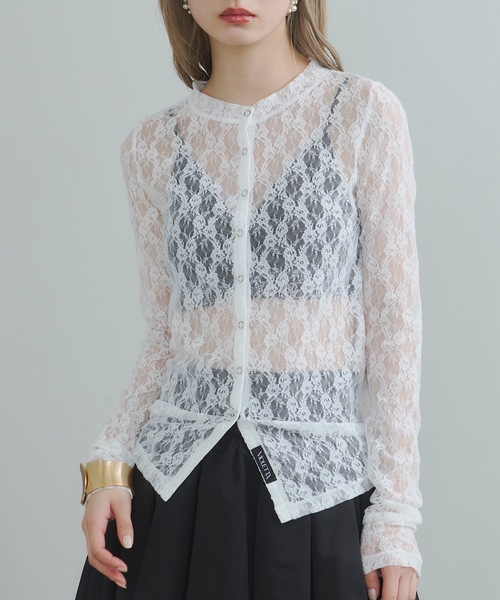 VIOLETTA(ヴィオレッタ)の「リングボタンレースシアーシャツ(Tシャツ/カットソー・レディース・ホワイト/グレイッシュベージュ/ブラック/ネイビー・FREE)」の20枚目の写真