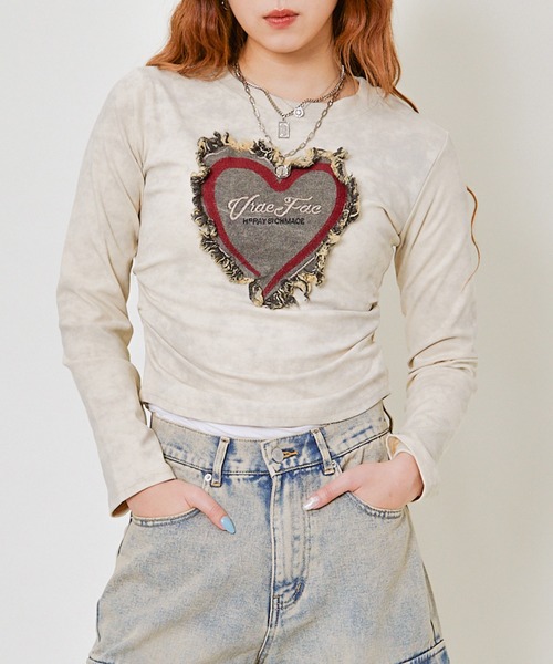 セール】ハート貼り付けギャザーTシャツ（Tシャツ/カットソー