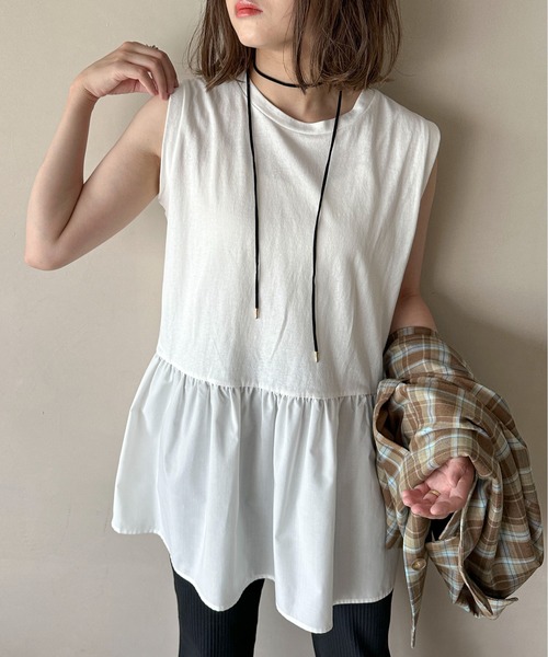ペプラムフリルノースリーブTEE セール】ペプラム チュールドッキングノースリーブ TEE（Tシャツ